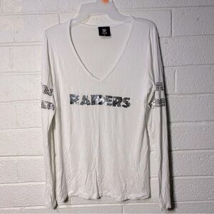 NFL Team Apparel Raiders Sequin Silver White Long Sleeve Logo Las Vegas Stretchy